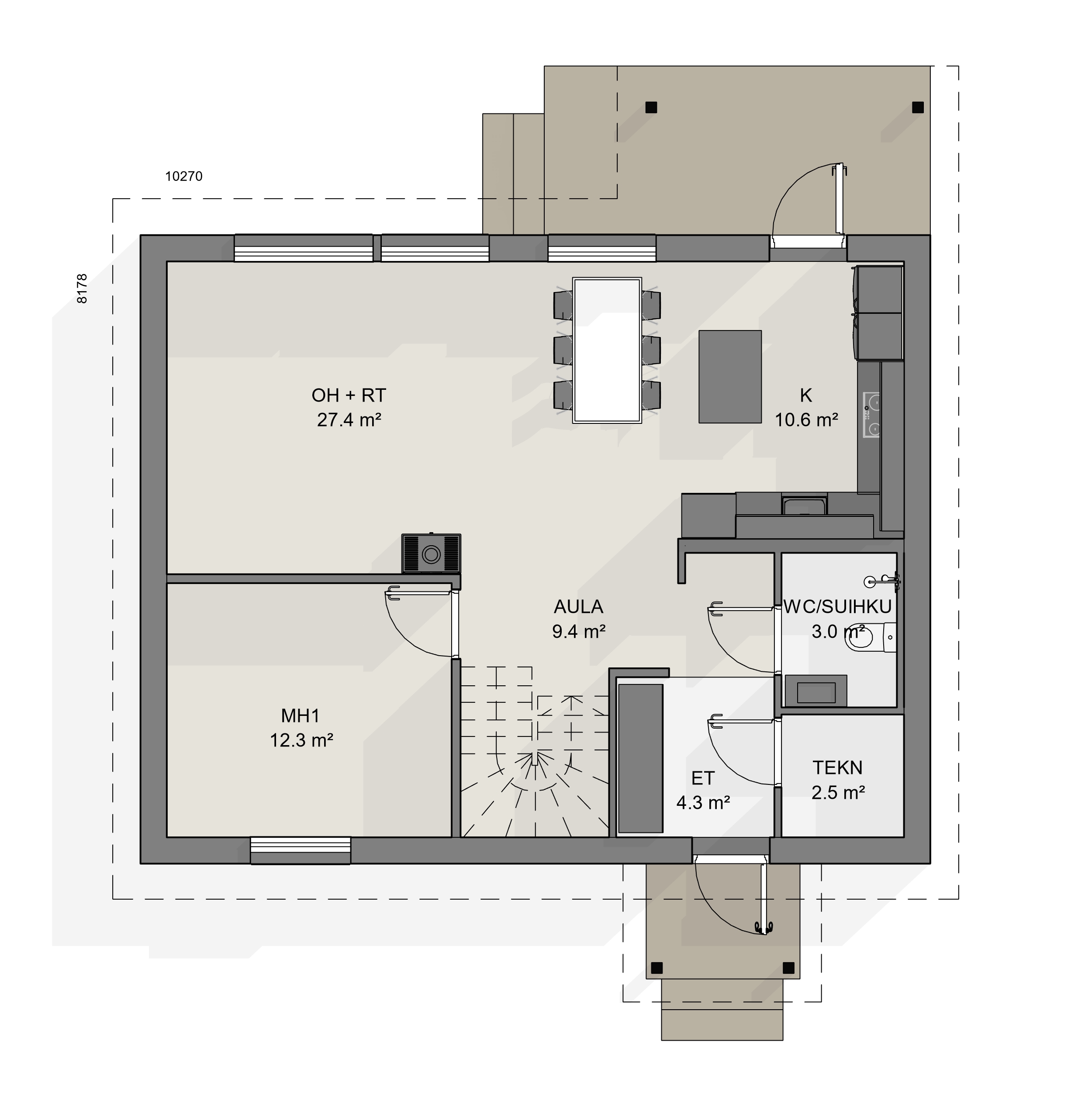 Kaksikerroksisen kodin pohjaratkaisu, ensimmäinen kerros. Ensimmäisessä kerroksessa keittiö, ruokailutila ja olohuone, sekä yksi makuuhuone, kylpyhuone ja tekninen tila.