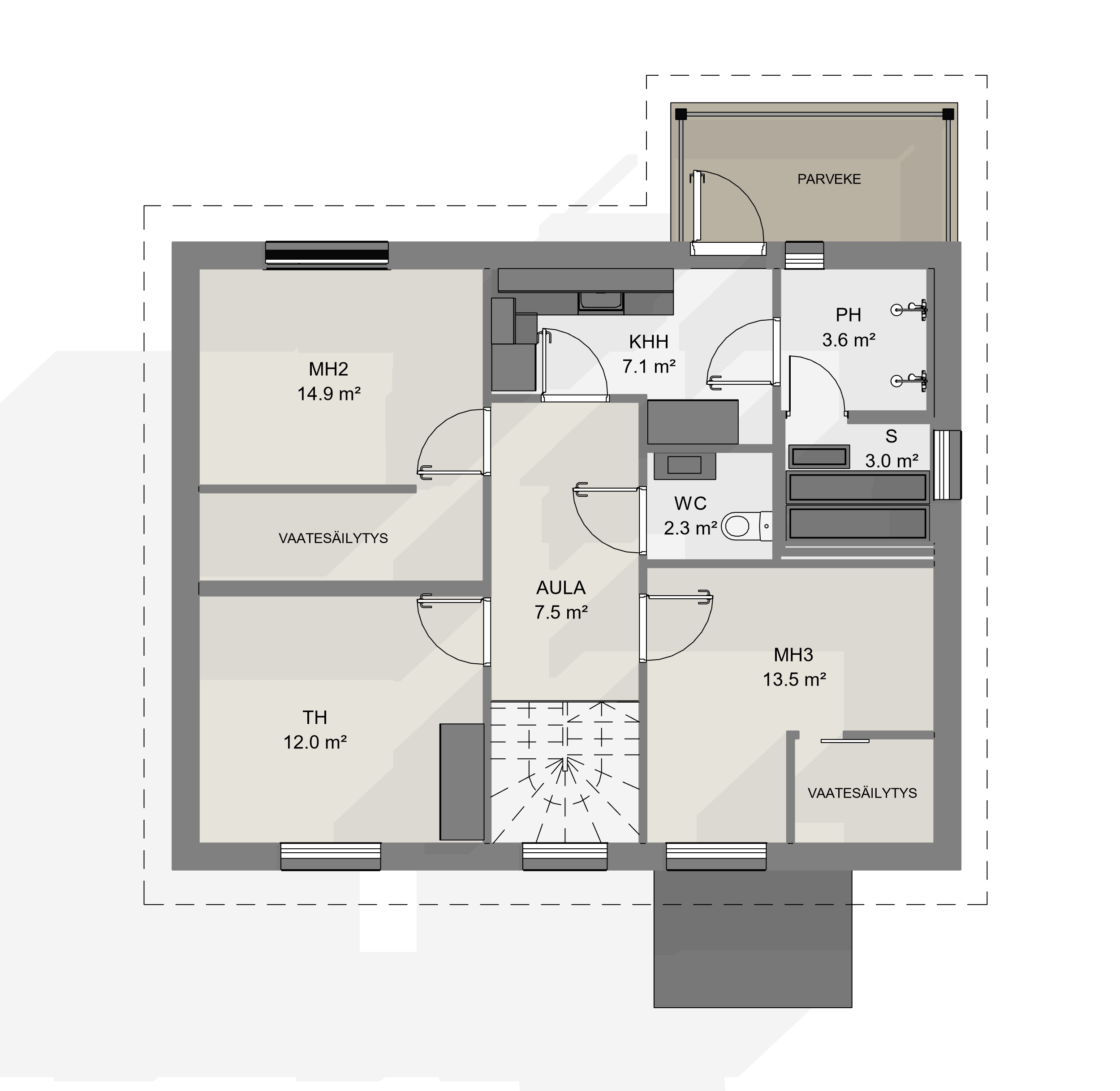 Kaksikerroksisen kaupunkikodin toinen kerros, jossa kaksi makuuhuonetta vaatehuoneineen, tilava työhuone, kodinhoitotilat ja saunaosasto.