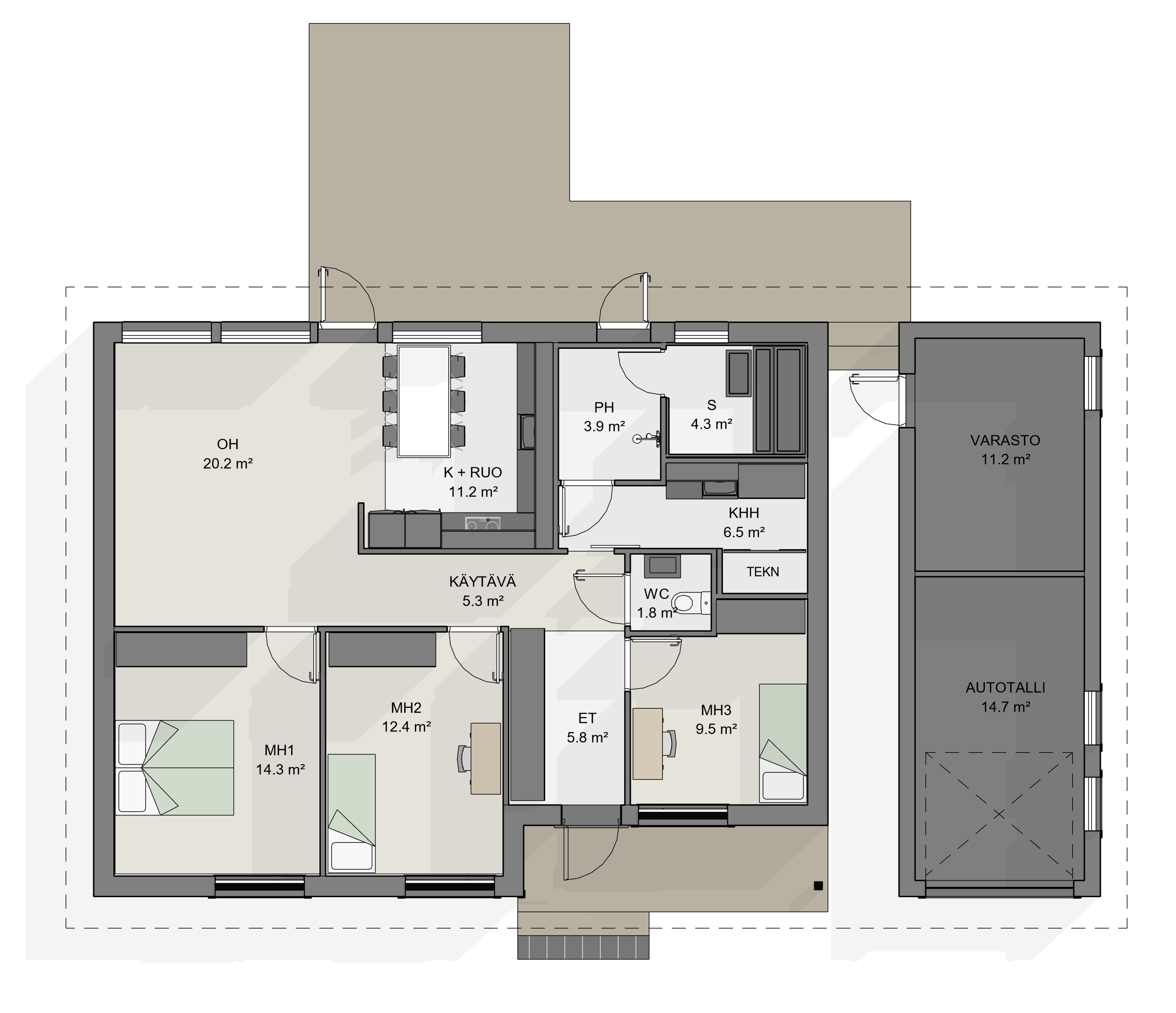 Sievitalo Oma malli -omakotitalo jossa autotalli