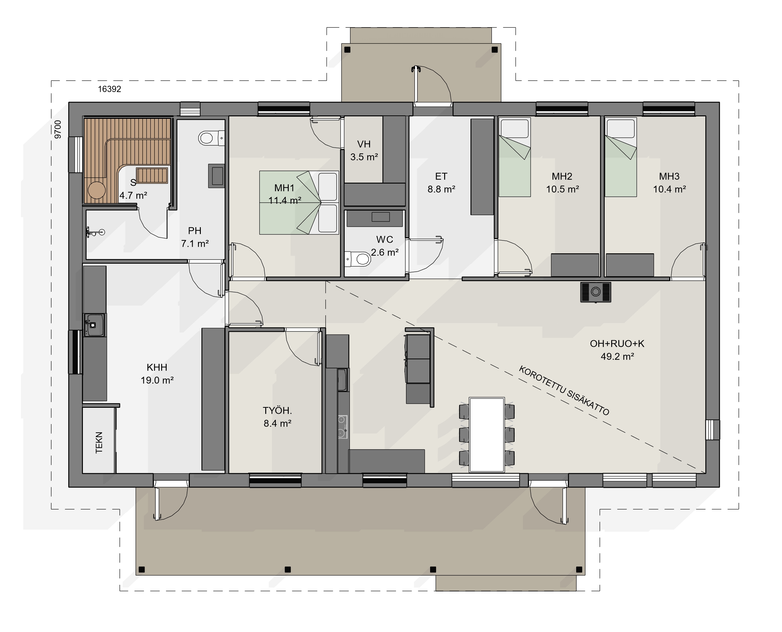 Tilava omakotitalo, jossa neljä makuuhuonetta