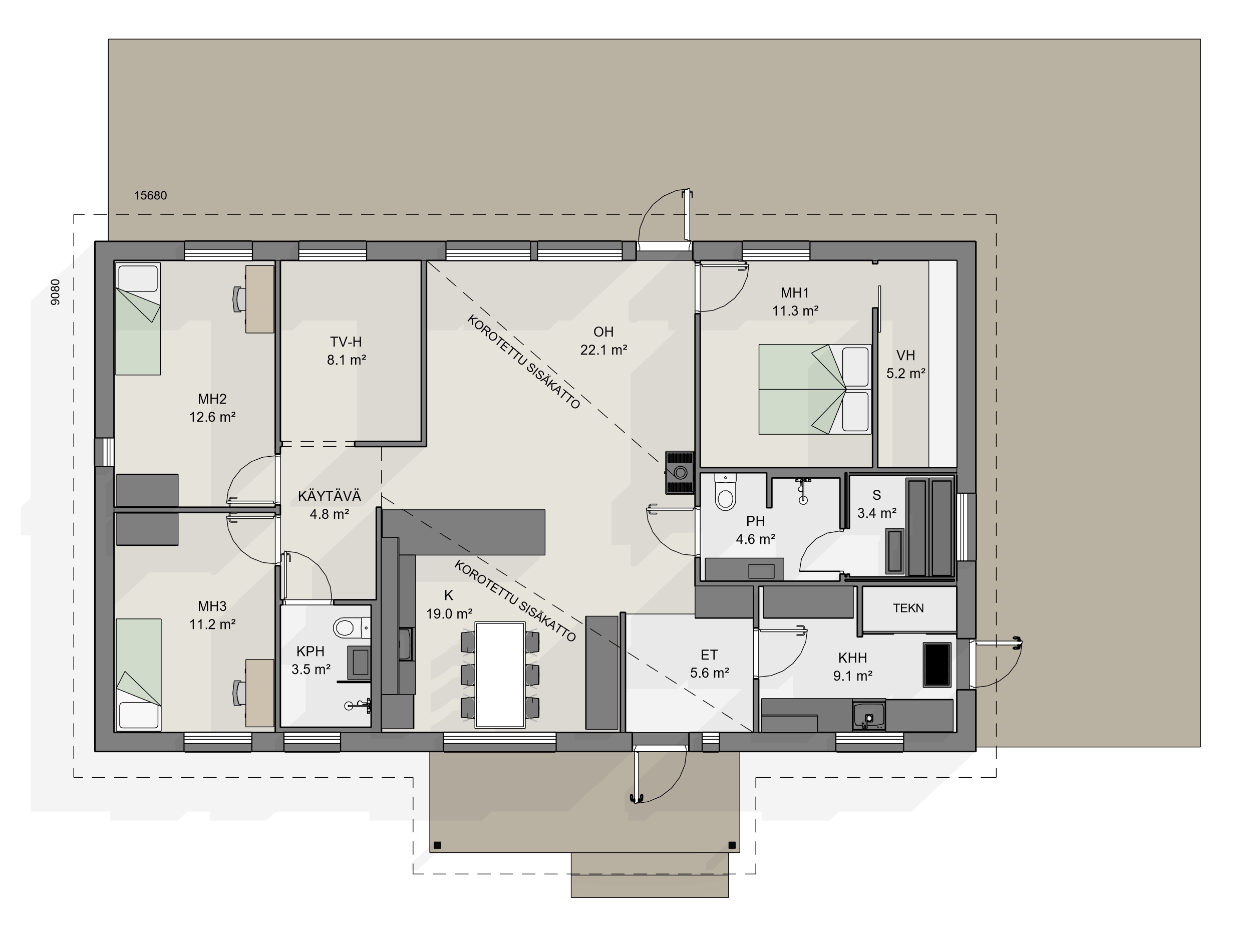 omakotitalo, jossa yksilöllinen pohjaratkaisu