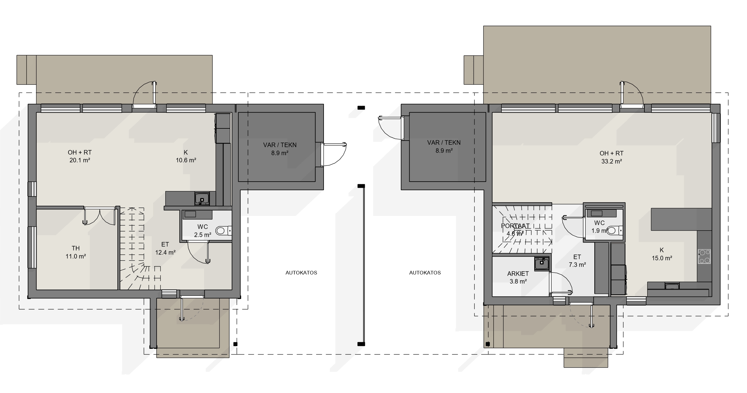 Kaksikerroksisen paritalon ensimmäinen kerros. Kuvassa pohjapiirustus, josta käy ilmi, että asunnot ovat keskenään erilaisia ja yhdistyvät toisiinsa autokatoksen välityksellä. Asunto A:ssa kolme makuuhuonetta, asunto B:ssä kaksi makuuhuonetta ja työhuone.