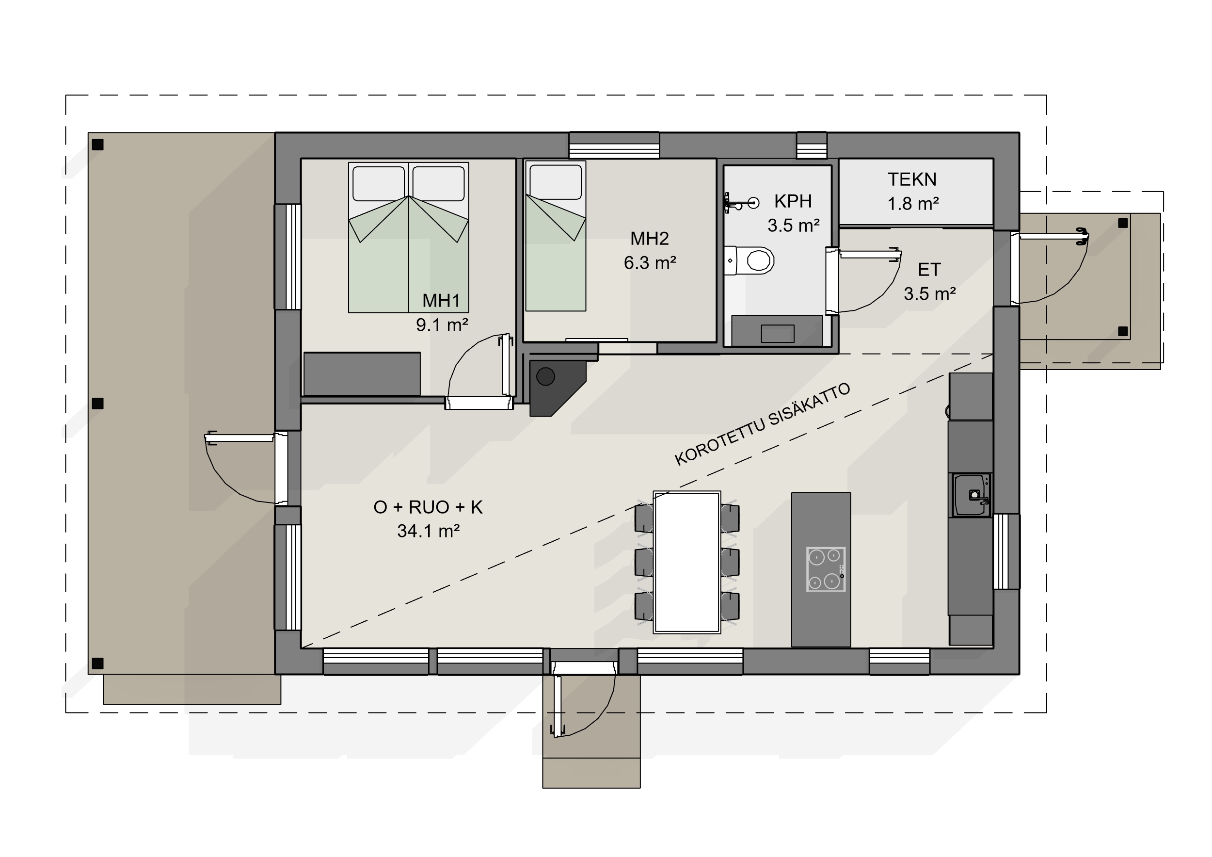 pienen omakotitalon pohjaratkaisu: kodissa on kaksi makuuhuonetta, kylpyhuone, valoisa tupakeittiö niemekeratkaisulla ja korotetulla sisäkatolla.
