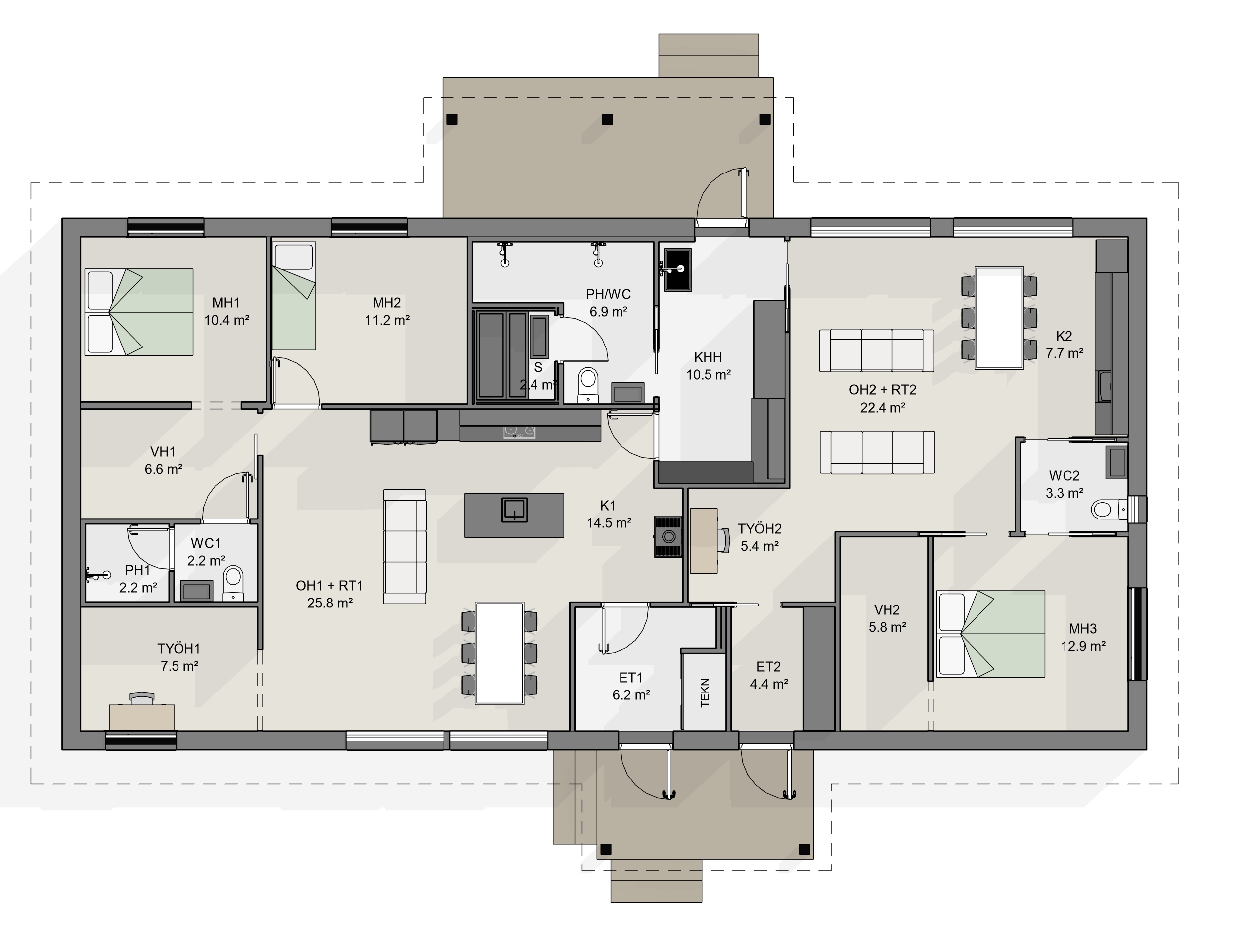 Iso kahden sukupolven omakotitalo, jossa kaksi osittain erillistä asuntoa. Yksikerroksisen talon toisen päädyn asunto käsittää kaksi makuuhuonetta, työhuoneen ja valoisat yhteiset tilat, ja toisen päädyn asunnossa puolestaan on yksi makuuhuone, työtila ja tupakeittiö. Asunnot yhdistyvät kodinhoito- ja pesutilojen kautta toisiinsa.