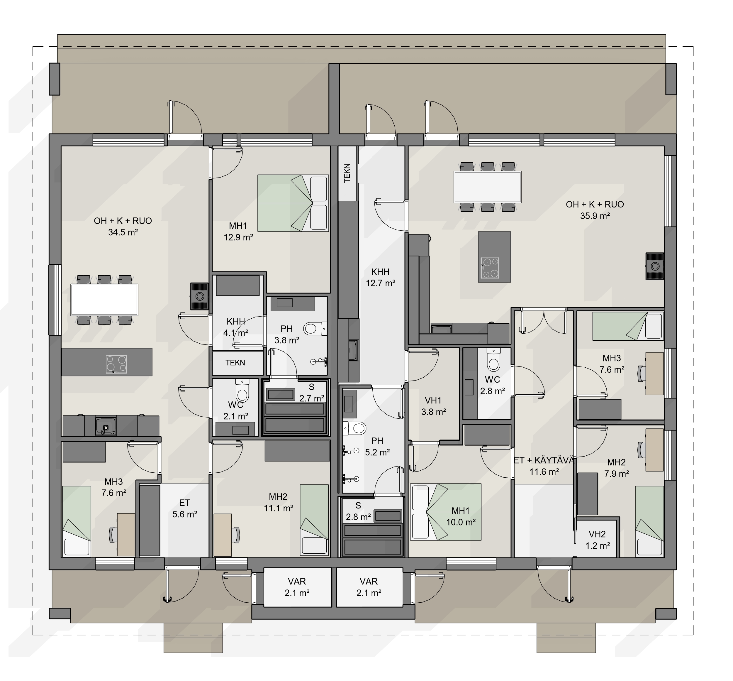 Yksikerroksisen paritalon pohjaratkaisu: asunnot ovat keskenään erikokoisia, mutta kummassakin on kolme makuuhuonetta ja avarat yhteiset tilat.