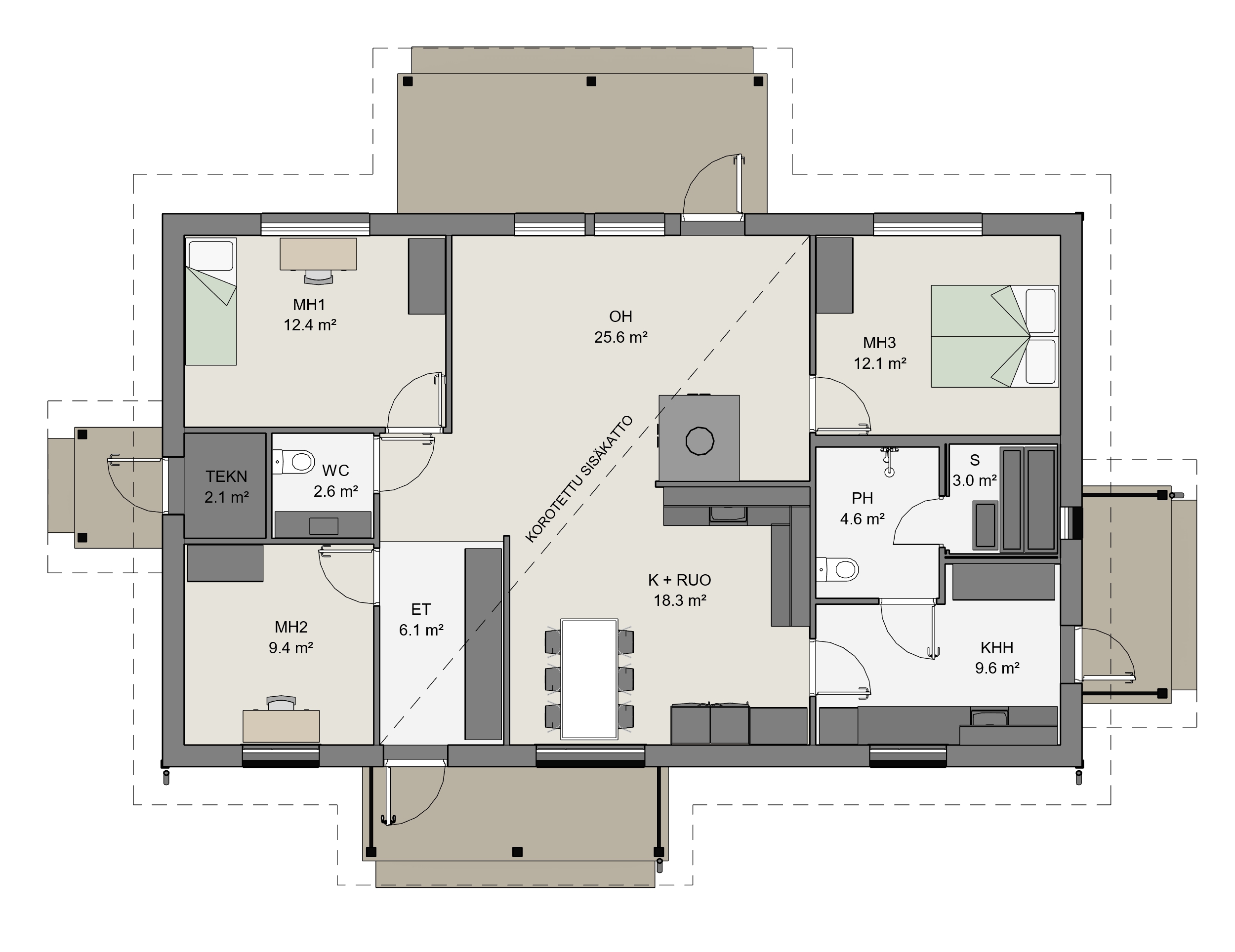 Kuvassa Sievitalo 125 A:n pohjaratkaisu. Pohjaratkaisussa on huomioitu ennen kaikkea arjen toimivuus. Makuuhuoneita on kolme, ja ne ovat riittävän kokoisia. Kodinhoitotiloista on käynti suoraan ulos, ja yhteisissä tiloissa tunnelmaa ja lämpöä tuova tulisija.