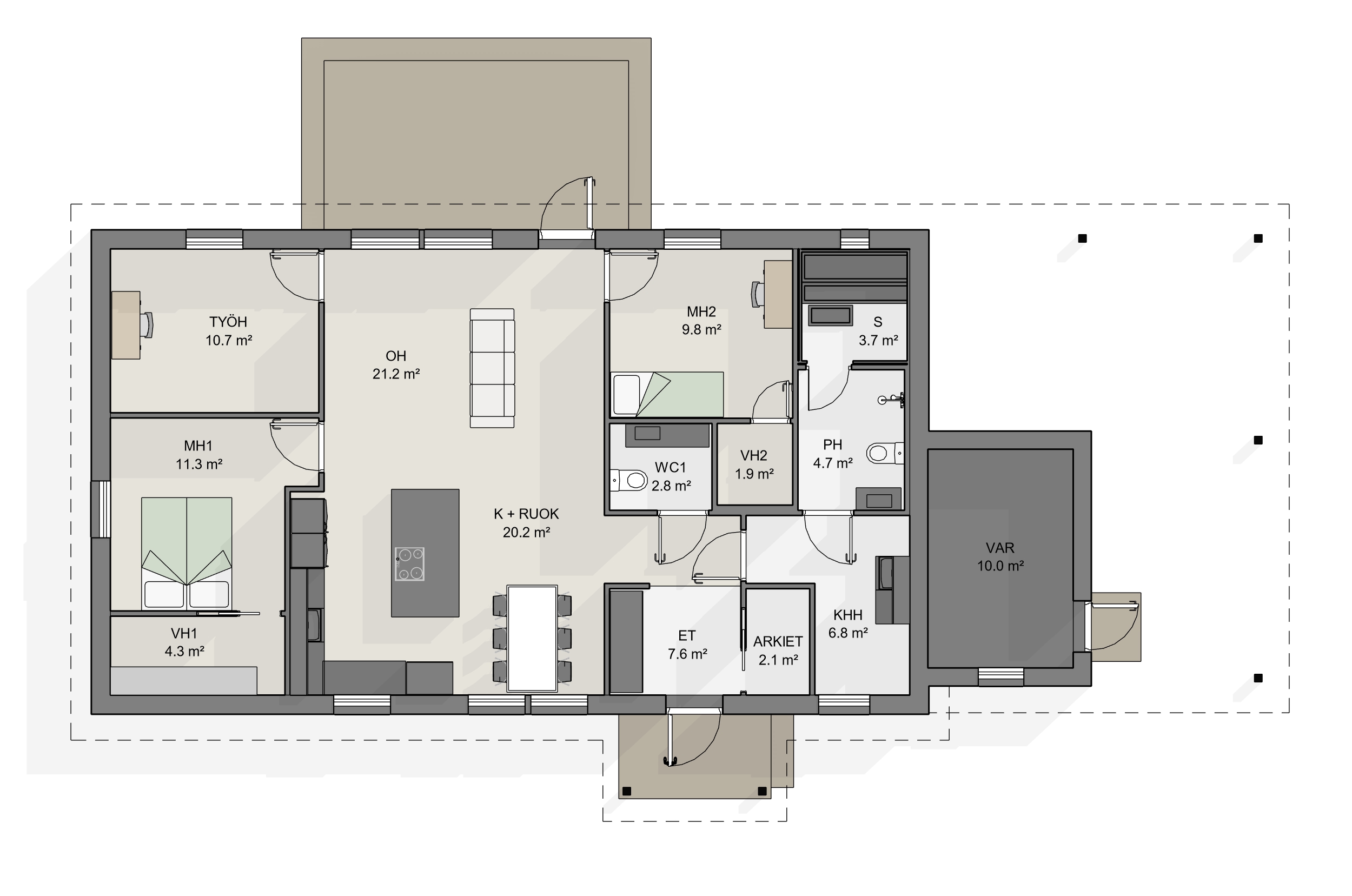 SIevitalo KOMIA 127:ssä on toimivat ja kodikkaat tilat perheelle. Tässä pohjaratkaisussa päätyyn on liitetty autokatos + varasto, yhteiset tilat avautuvat läpi talon ja makuuhuoneita on kahdesta kolmeen. Lisäksi pohjaratkaisusta löytyy kodinhoitohuone, saunaosasto, erillinen WC ja kaksi vaatehuonetta.