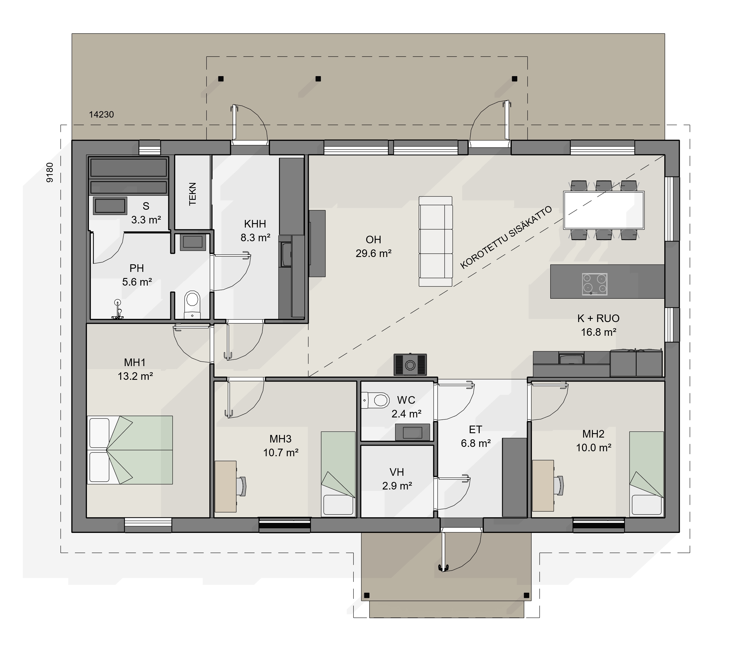 Modernin, tumman omakotitalon pohjaratkaisu. Pohja käsittää kolme makuuhuonetta ja viihtyisät yhteiset tilat, joihin valo virtaa suurista ikkunoista.