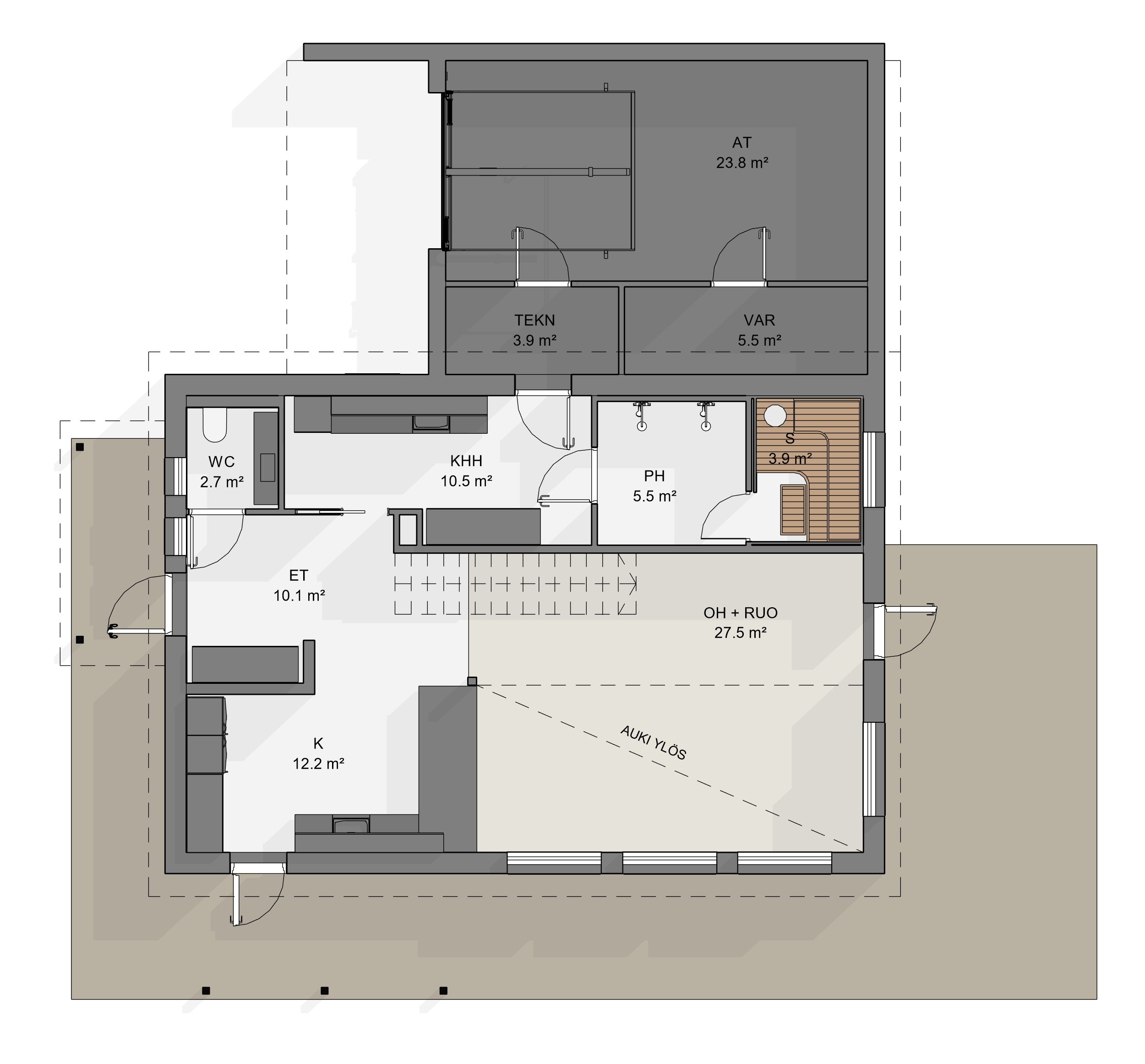 Kuvassa on kaksikerroksisen omakotitalon ensimmäisen kerroksen pohjapiirustus, josta näkyy, että alemmassa kerroksessa on kodin yhteiset tilat: keittiö, olohuone-ruokailutila, kodinhoitohuone ja saunaosasto. Kodinhoitohuoneesta on kulku autotalliin, joka on liitetty talon sivulle.