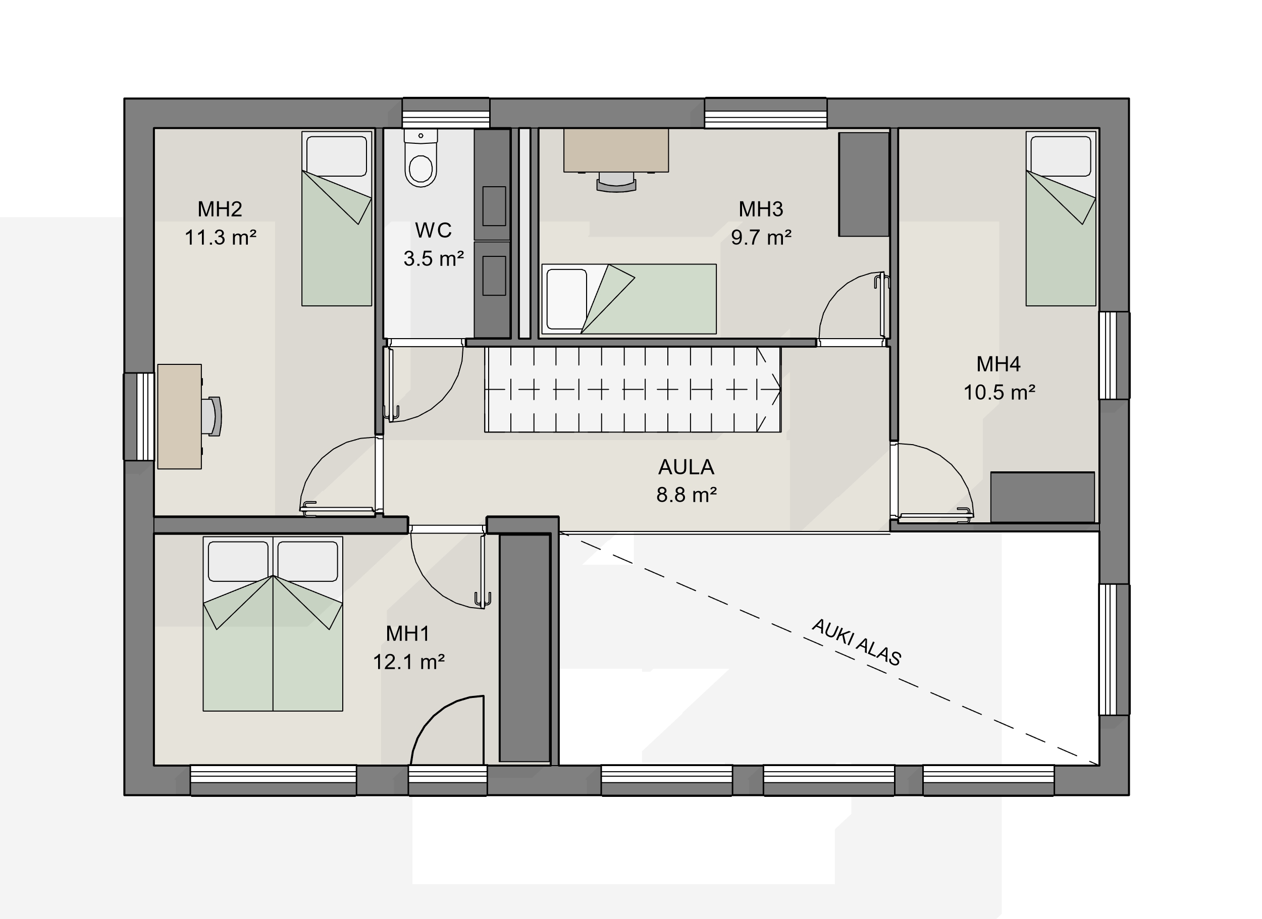 Kaksikerroksisen omakotitalon toisen kerroksen pohjapiirustus. Pohjapiirustuksesta ilmenee, että kodissa on neljä makuuhuonetta, jotka on kaikki sijoitettu ylempään kerrokseen. Ylemmässä kerroksessa myös erillinen WC.