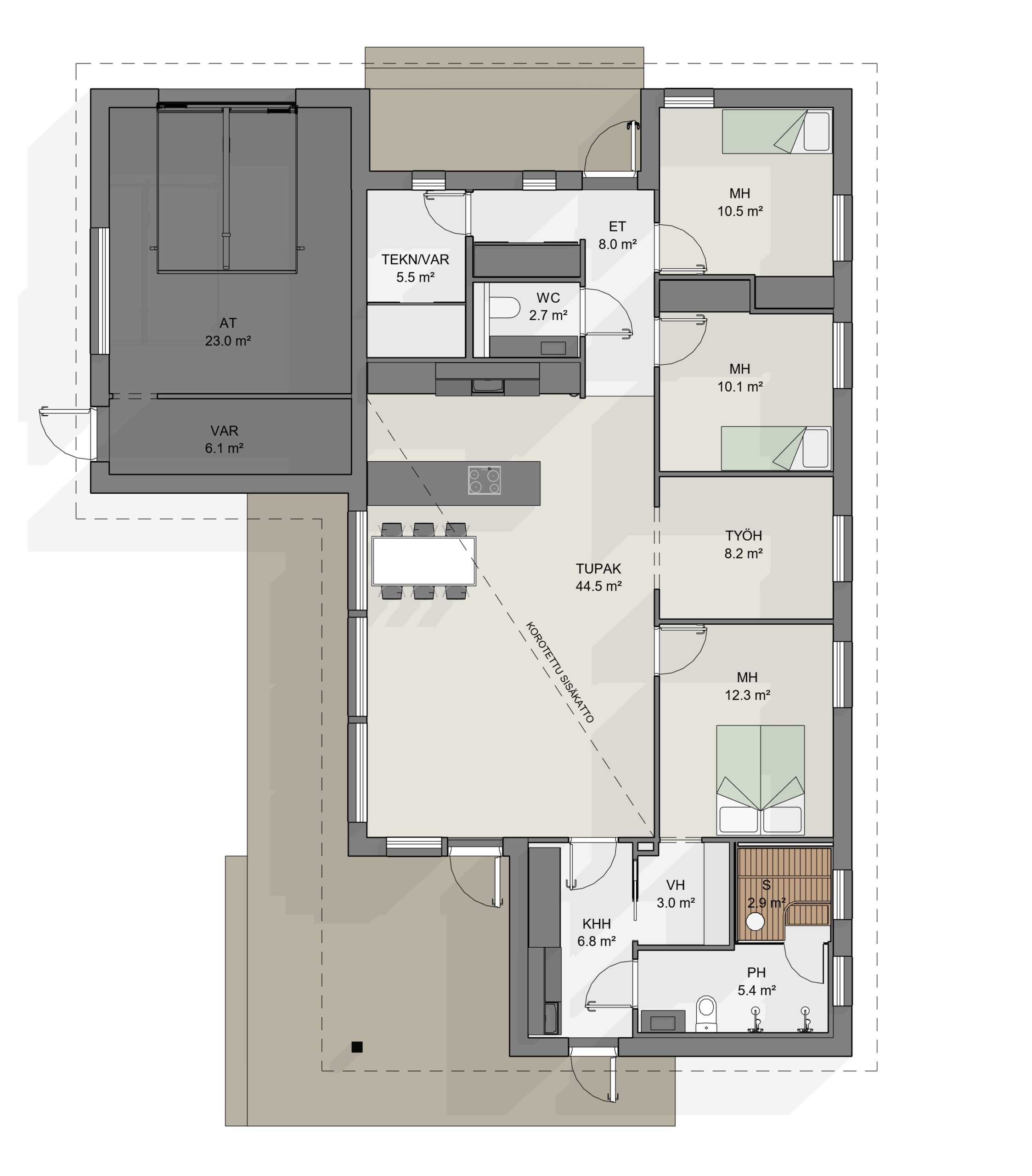 Omakotitalon pohjaratkaisu: ratkaisu on suunniteltu yksilöllisesti asiakkaan tarpeisiin. Pohjaratkaisu on ihanteellinen kapealle tontille. Pohjakuvasta ilmenee, että talossa on kolme makuuhuonetta, tupakeittiö, erillinen työhuone ja kodinhoitotilat.