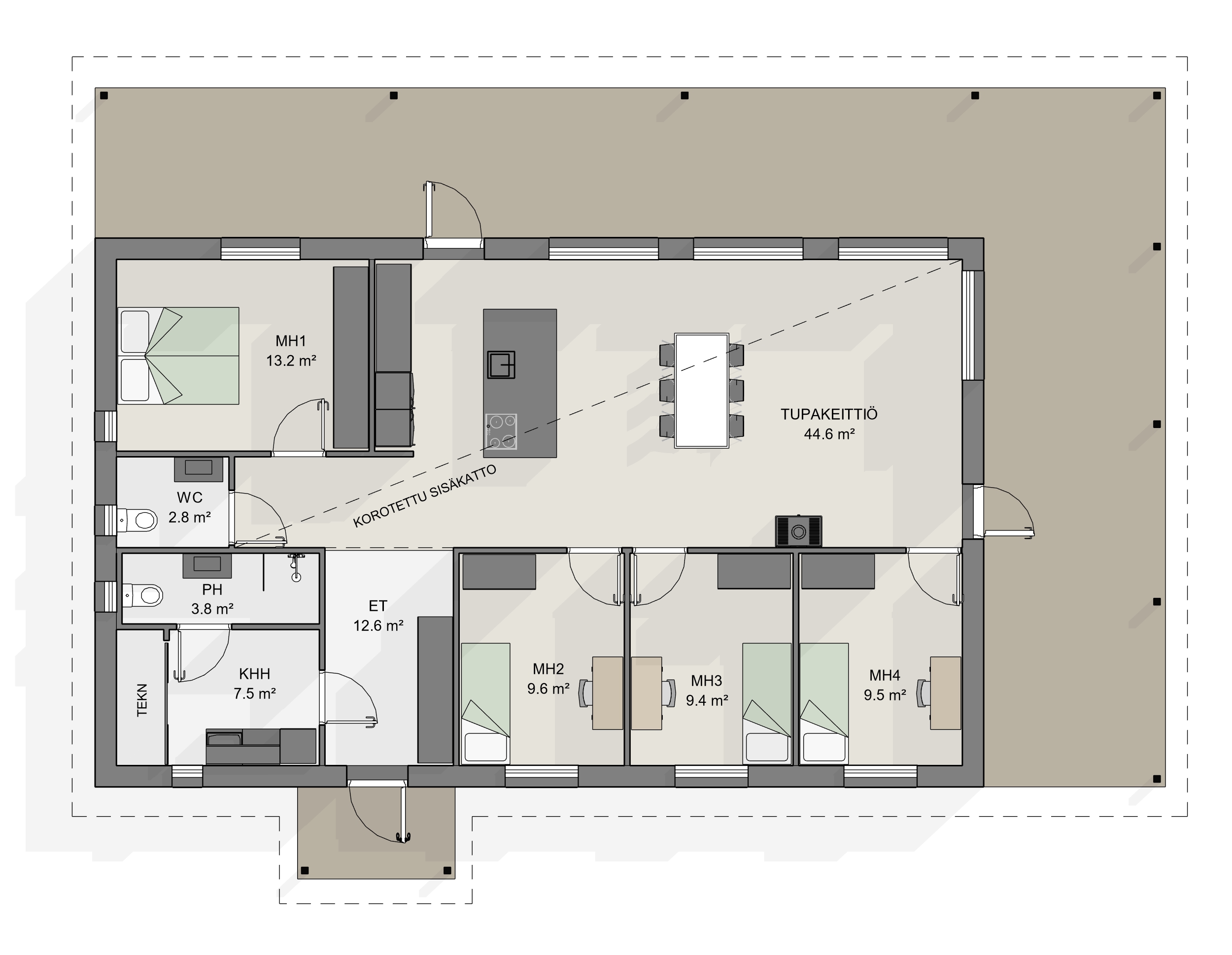 Pohjakuva omakotitalosta: kodissa neljä makuuhuonetta, avara ja valoisa tupakeitiö korotetulla sisäkatolla ja toimivat kodinhoitotilat. Huoneistoala 117 m2, kerrosala 133 m2.