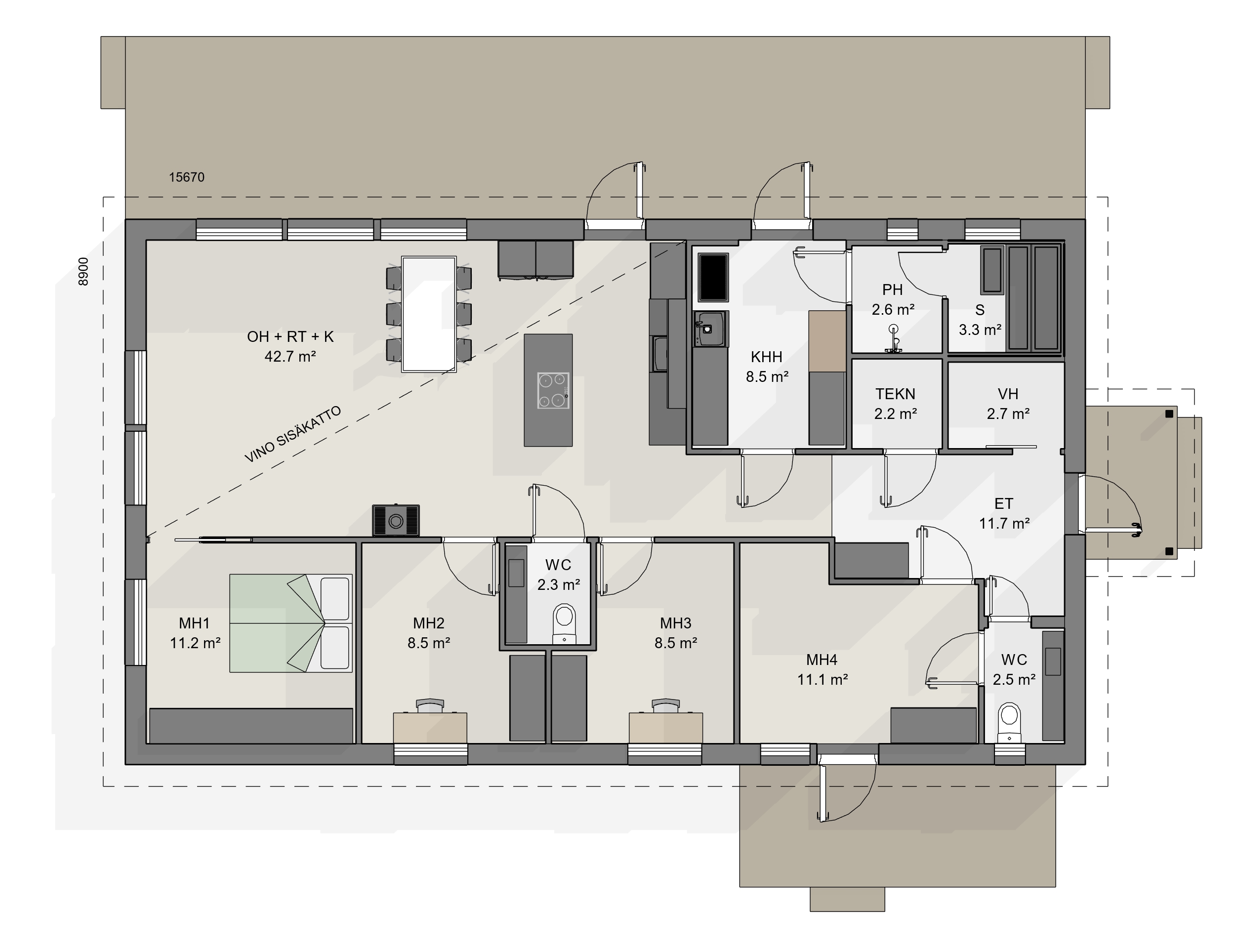 Pohjapiirustus: neljän makuuhuoneen vinokattoinen omakotitalo. Kodissa on suuret ikkunat, joista valo virtaa sisälle, ja selkeä pohjaratkaisu päätysisäänkäynnillä.