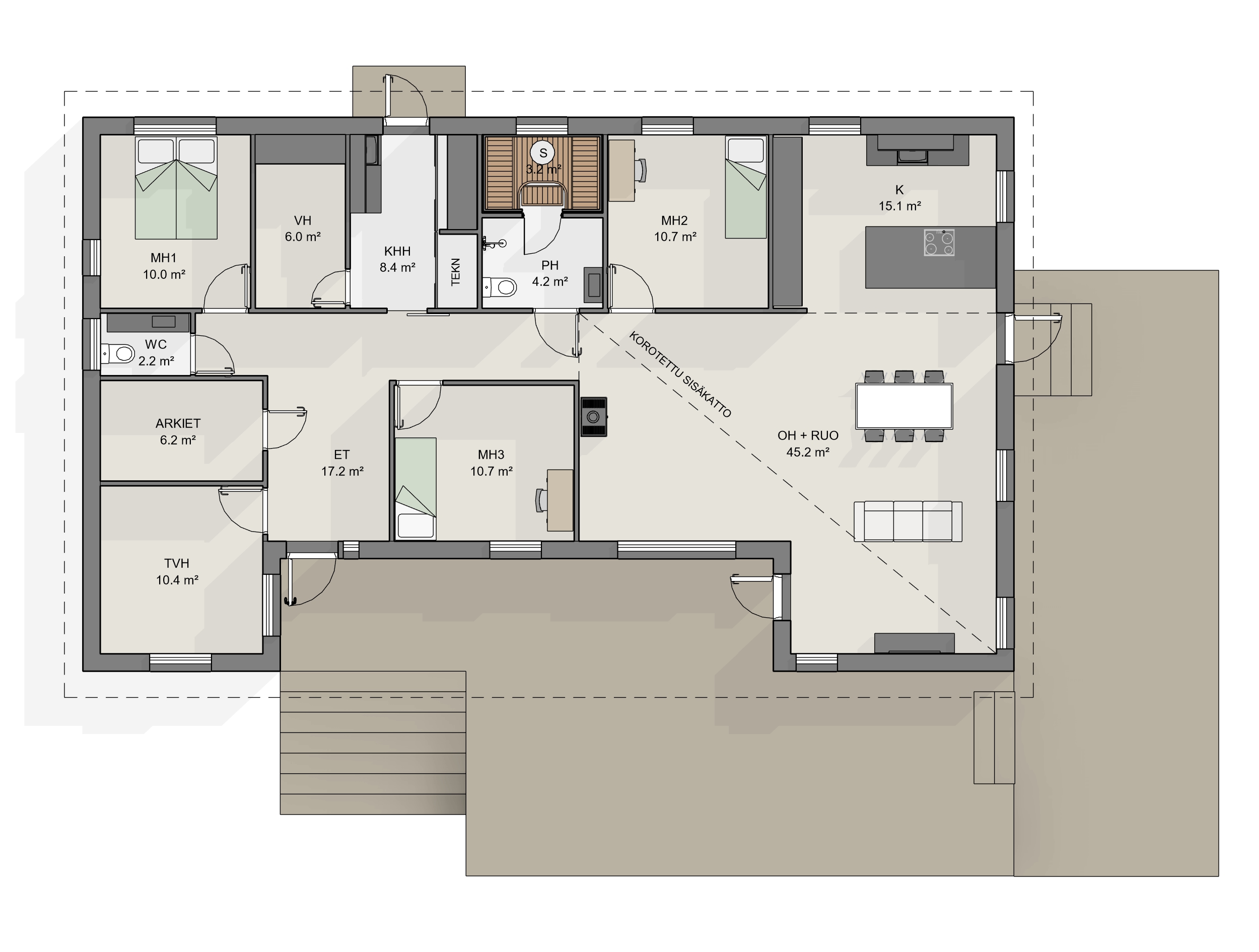 omakotitalon pohjaratkaisu: kodissa on kolmesta neljään makuuhuonetta, vaatehuone, arkieteinen, kodinhoitotilat, saunaosasto ja väljät yhteiset tilat korotetulla sisäkatolla. talon kulman ympäri kiertää avoterassi, joka on toteutettu osittain rinteeseen.