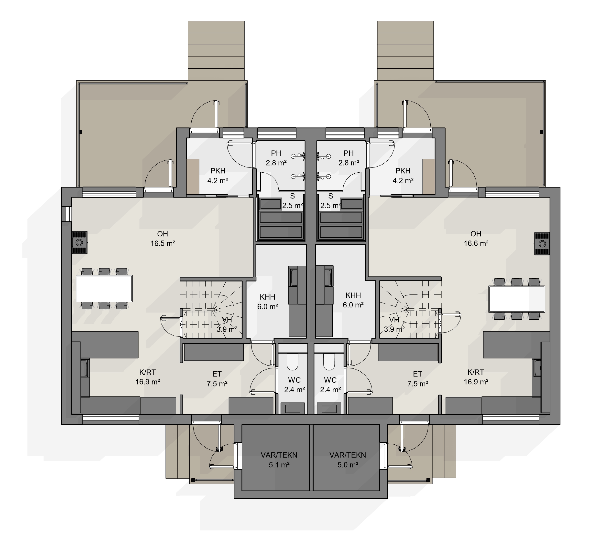 Kaksikerroksisen paritalon pohjaratkaisu