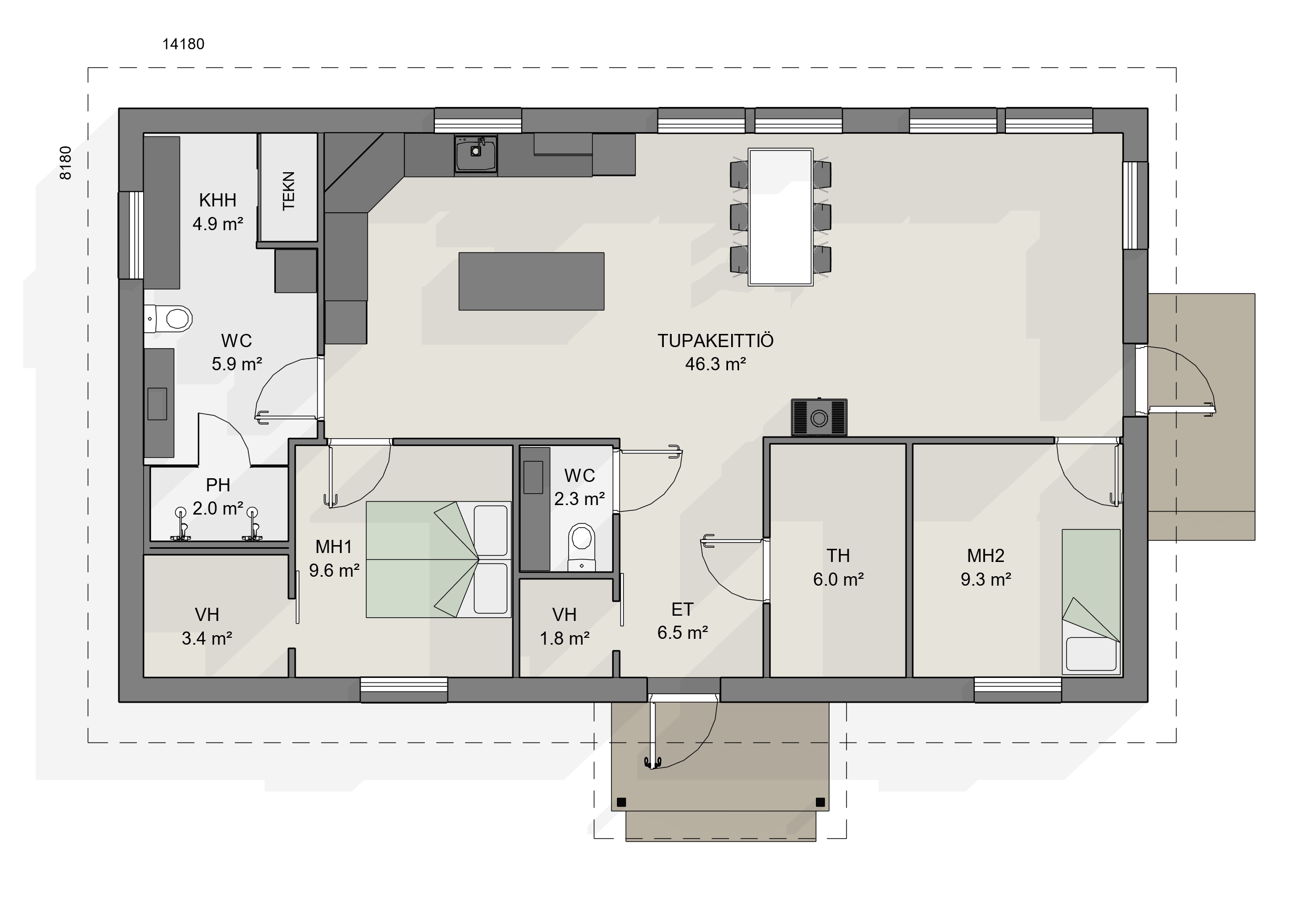 Kahden makuuhuoneen Sievitalo, jossa avara tupakeittiö, runsaasti säilytystilaa ja tupakeittiö.