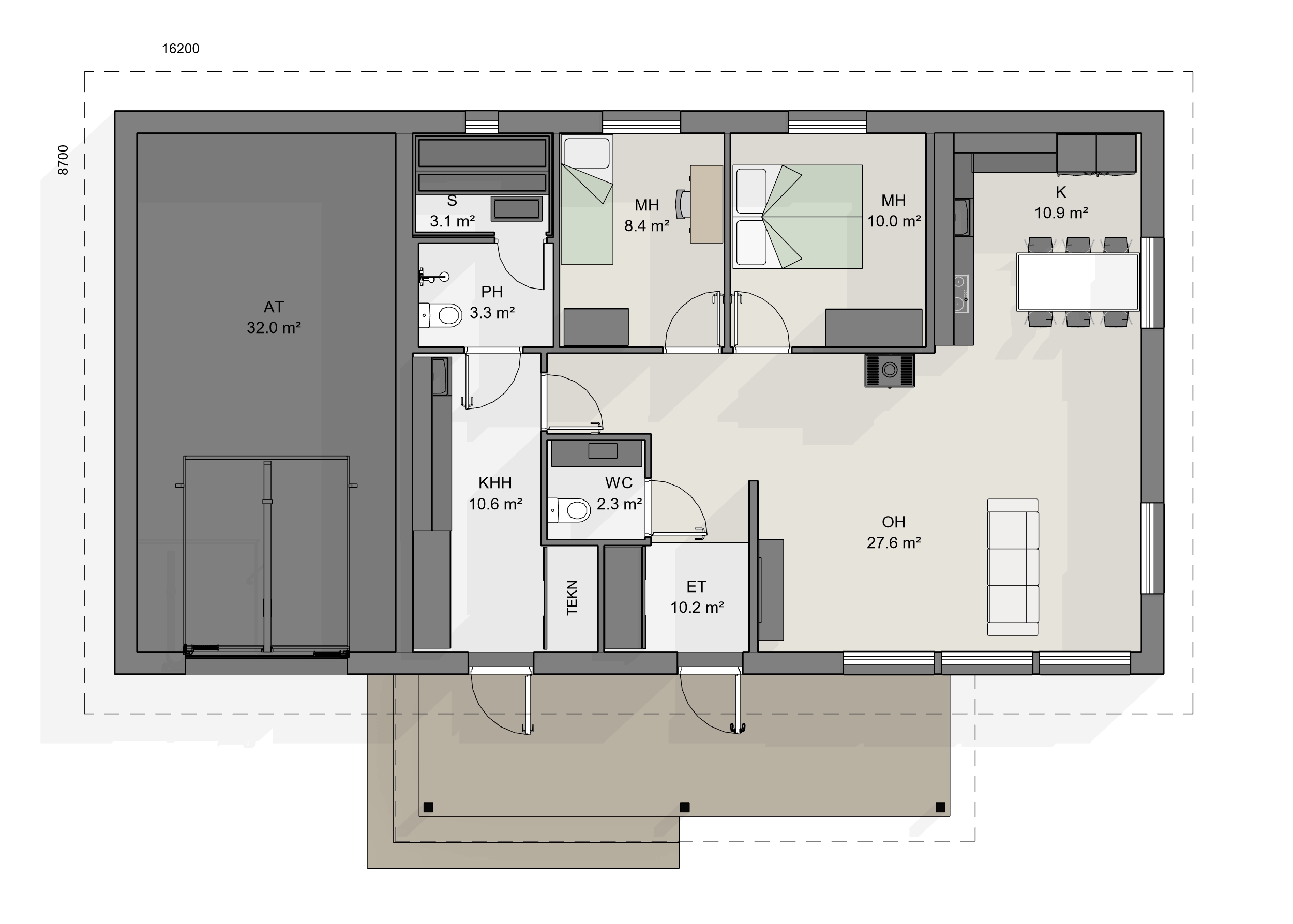 Kahden makuuhuoneen omakotitalon pohjaratkaisu