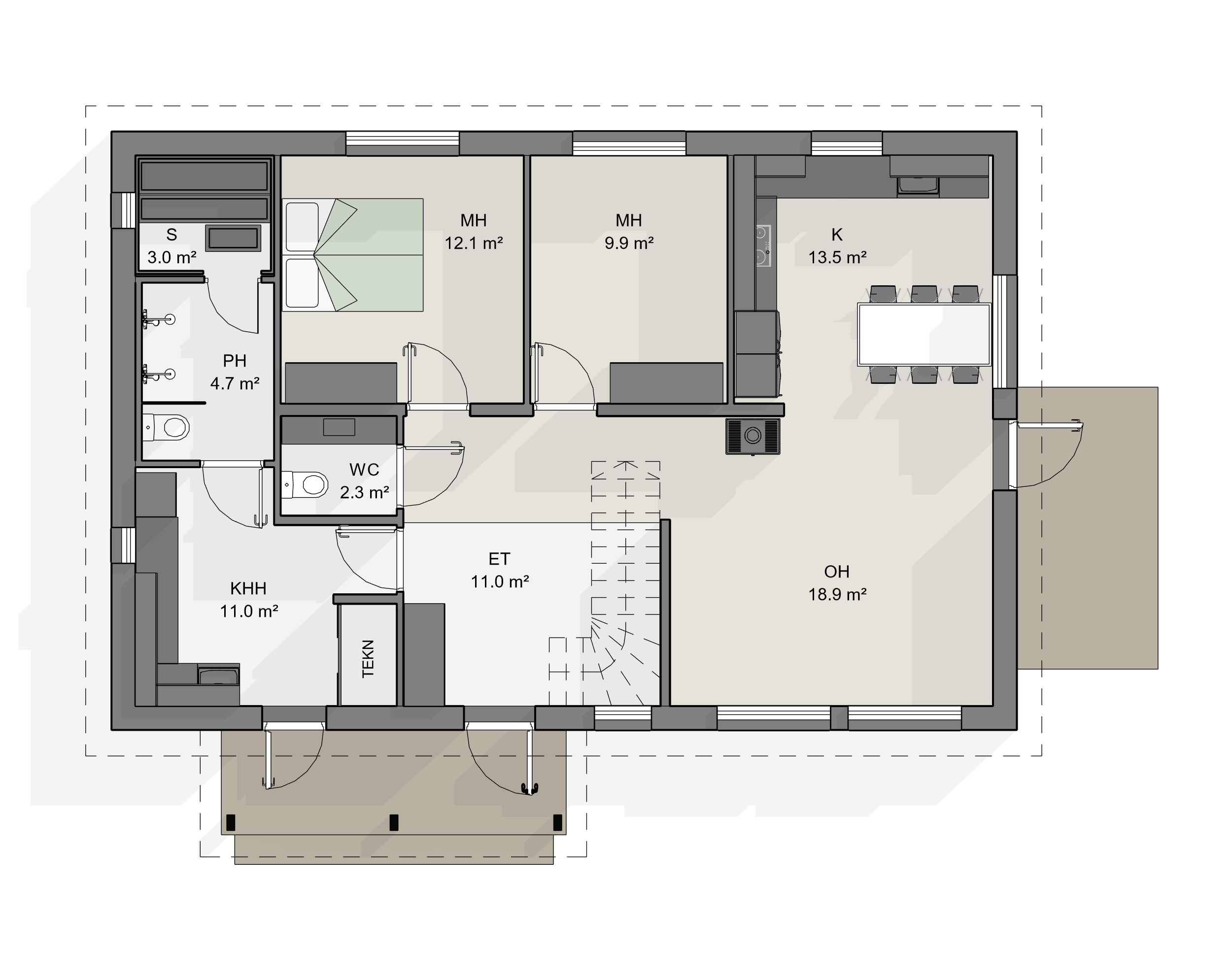 1,5-kerroksisen talon pohjaratkaisu: yläkerrassa on kaksi makuuhuonetta ja vaatehuone + WC, alakerrassa yhteiset tilat ja kaksi makuuhuonetta lisää.