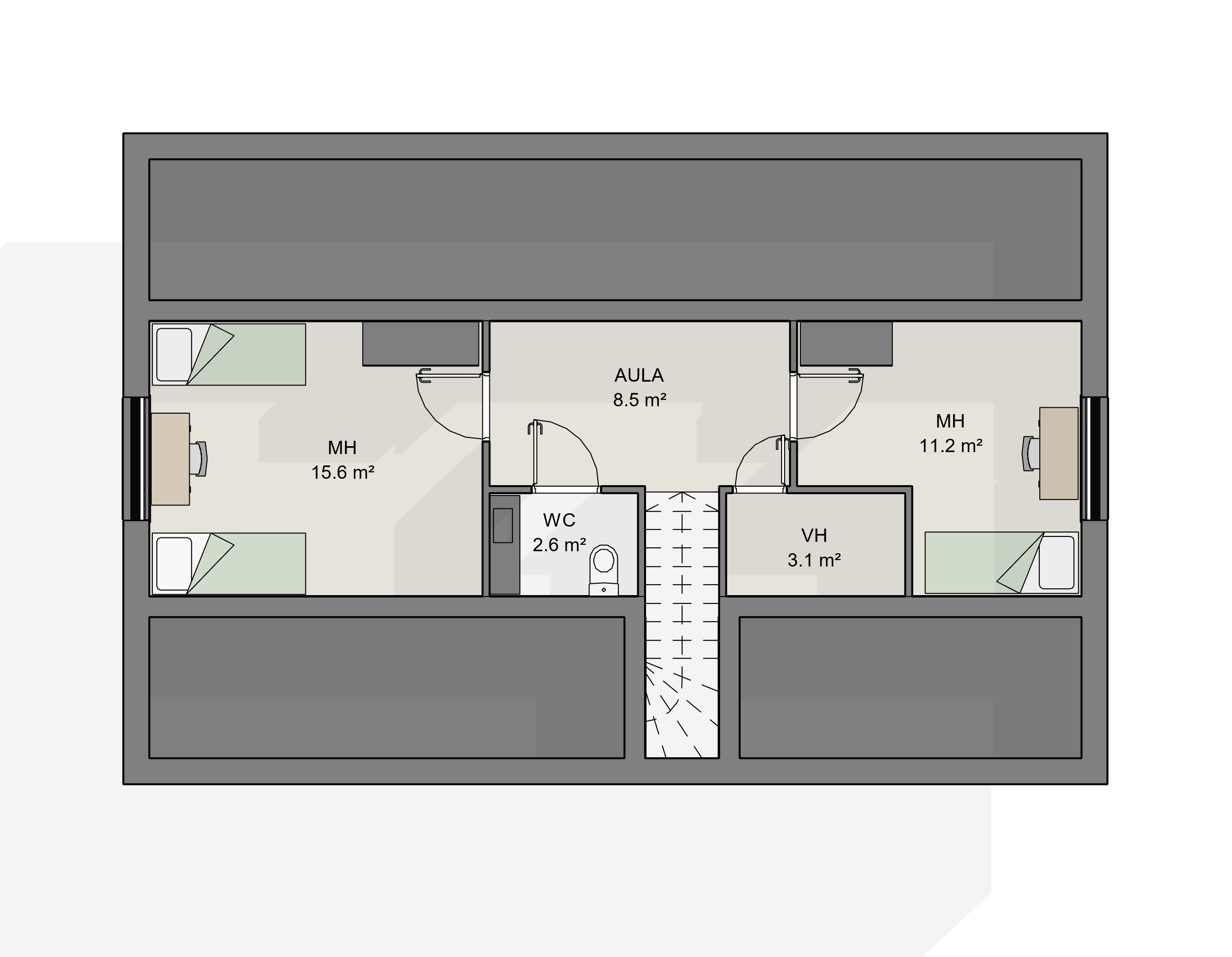 1,5-kerroksisen talon pohjaratkaisu: yläkerrassa on kaksi makuuhuonetta ja vaatehuone + WC, alakerrassa yhteiset tilat ja kaksi makuuhuonetta lisää.