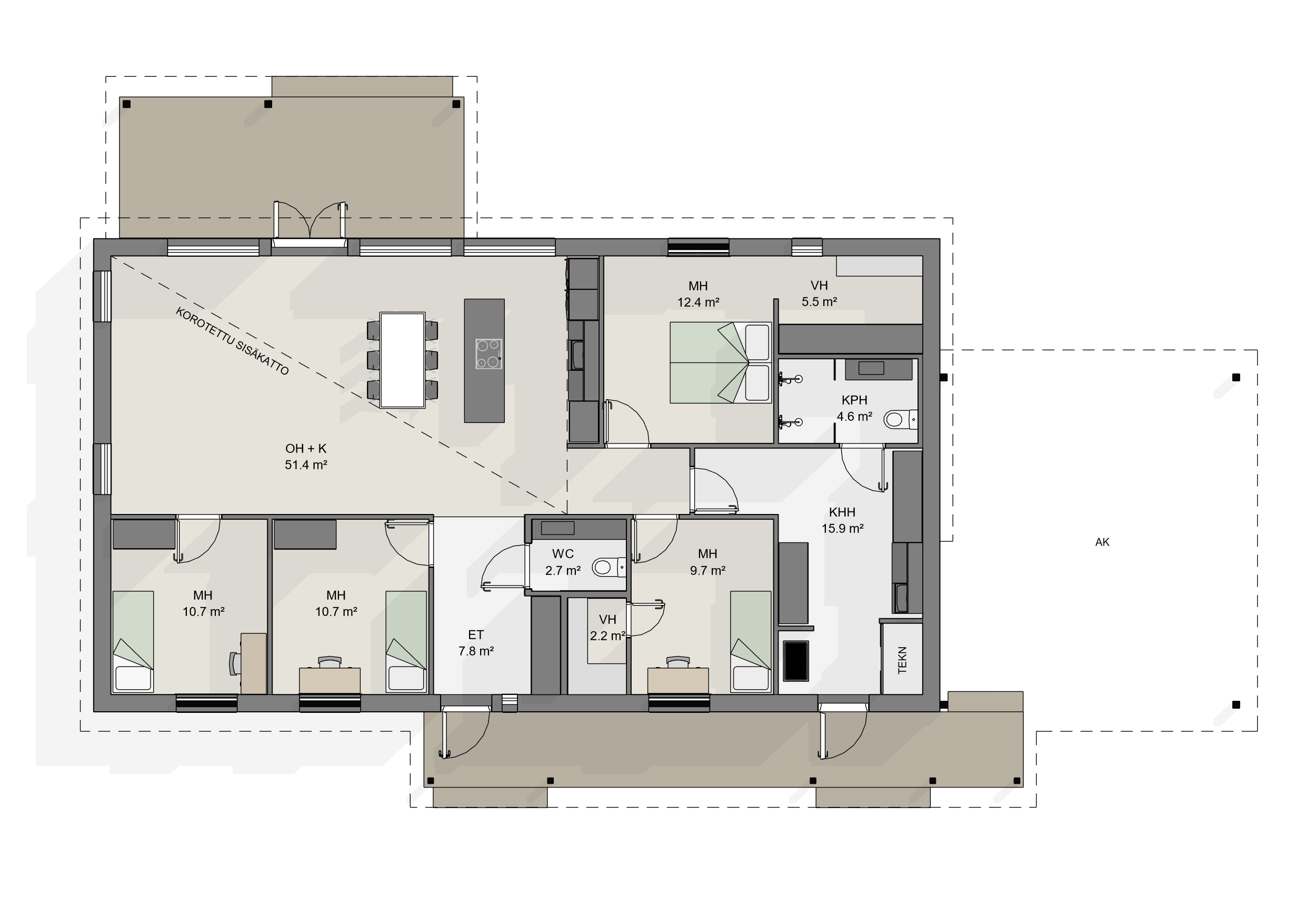 Omakotitalon pohjapiirros, jossa avara olohuone ja keittiö (51,4 m²) korotetulla sisäkatolla, neljä makuuhuonetta, kylpyhuone, saunaosasto, erillinen WC, kodinhoitohuone omalla sisäänkäynnillä sekä useita terassi- ja ulkotiloja.