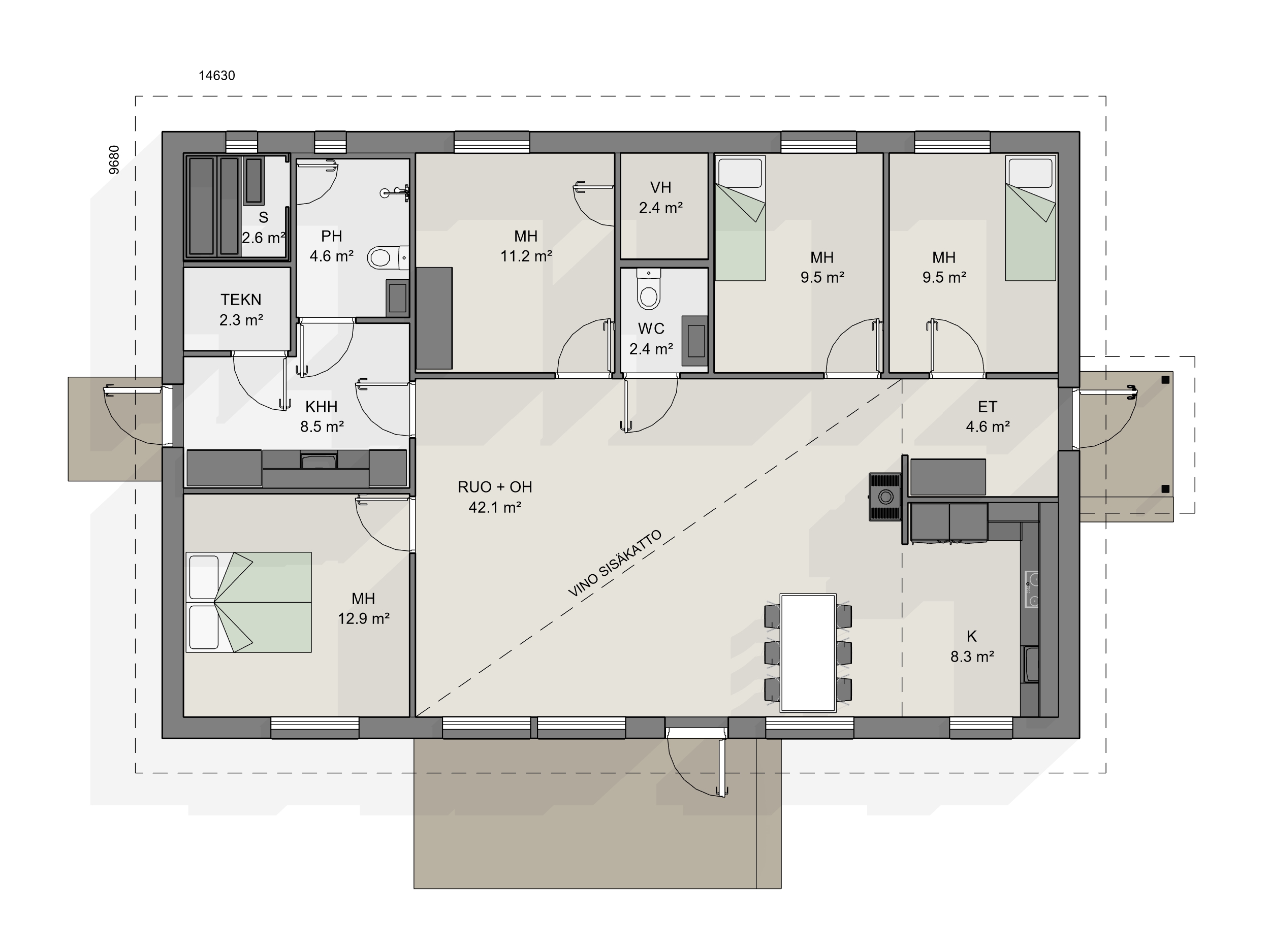 Yksikerroksisen omakotitalon pohjapiirros, jossa neljä makuuhuonetta, avara olohuone ja ruokailutila vinolla sisäkatolla, erillinen keittiö, kodinhoitohuone omalla sisäänkäynnillä, kylpyhuone, sauna, kaksi WC:tä, vaatehuone sekä eteinen.