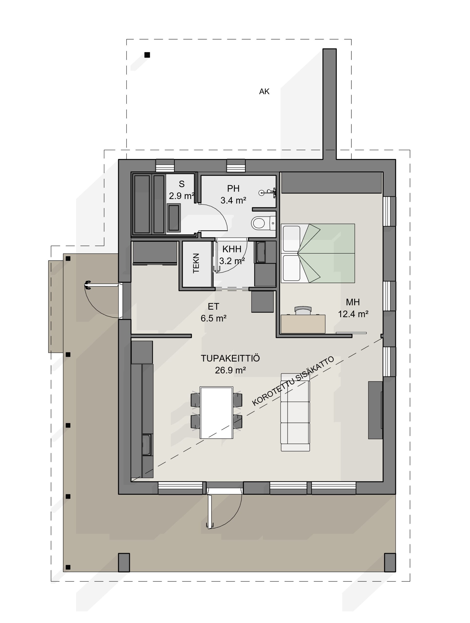 Pieni omakotitalo, jossa yksi makuuhuone, valoisa tupakeittiö korotetulla sisäkatolla ja upea, kulman ympäri kiertävä katettu terassi.